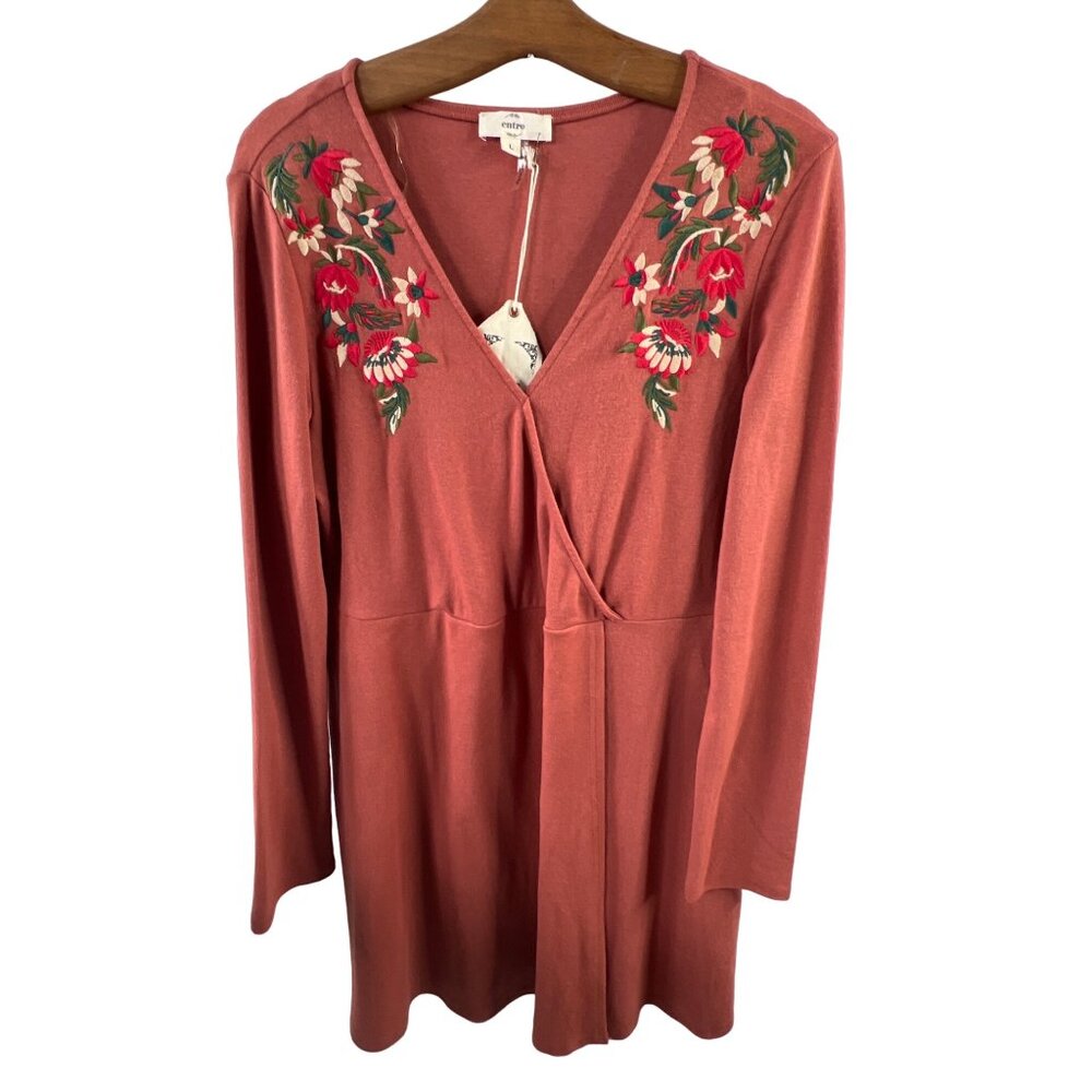 Entro Long Sleeve Tunic Size Large Rust Red Embroidered Floral Knit V-Neck NEW